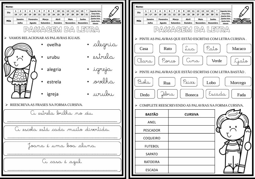 Passagem Letra Bastão para a Letra Cursiva Para 2° Ano Atividades de passagem para letra cursiva 2