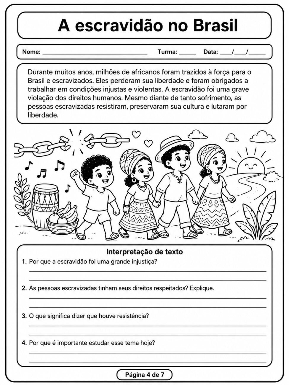 Atividade sobre Cidadania e Escravidão no Brasil para 5º ano