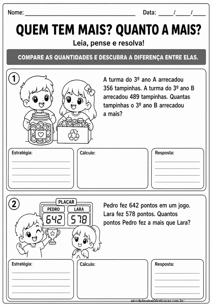 Atividade de Matemática 3º ano: problemas de adição e subtração para ...