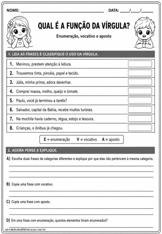 Atividade uso da virgula 4° ano 2