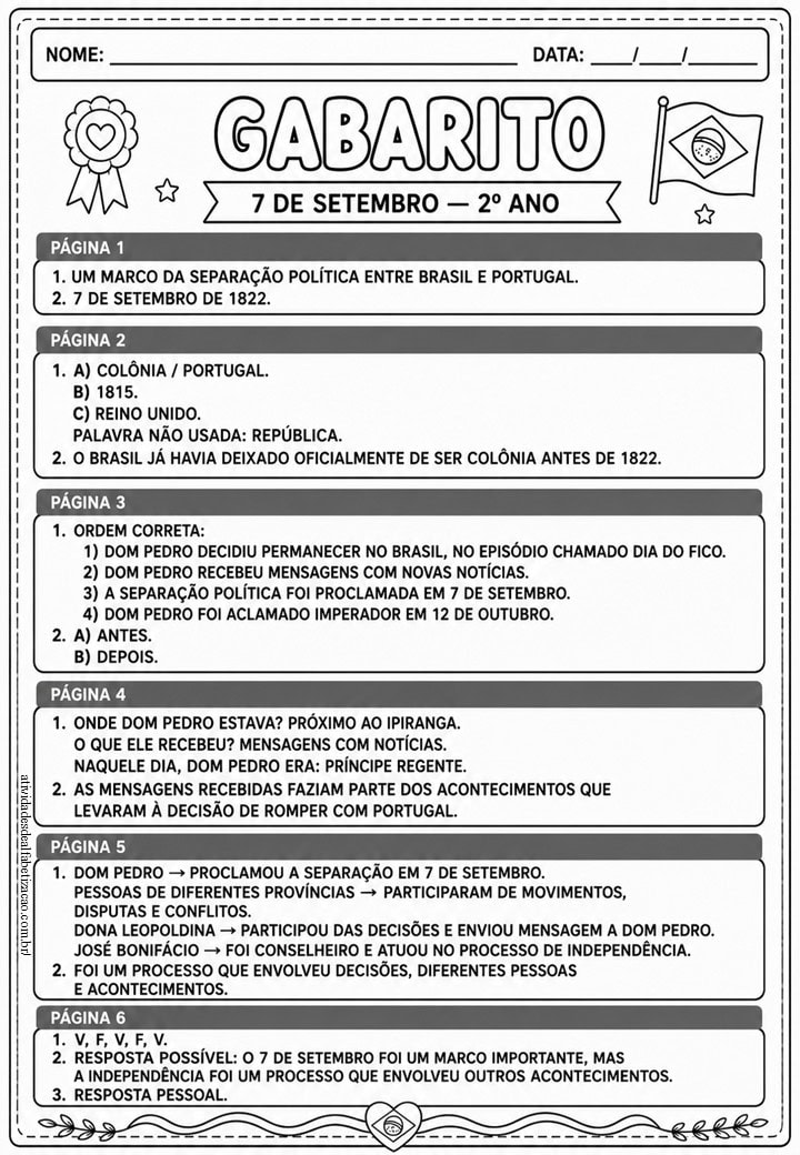 Atividade 7 de Setembro para o 2º Ano com Gabarito Atividade 7 de setembro 2° ano 7