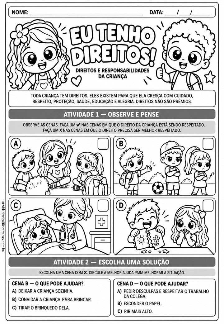 Atividade sobre Direitos e Responsabilidades da Criança para Imprimir - 1° Ano Atividade sobre Direitos e Responsabilidades da Crianca para Imprimir 1