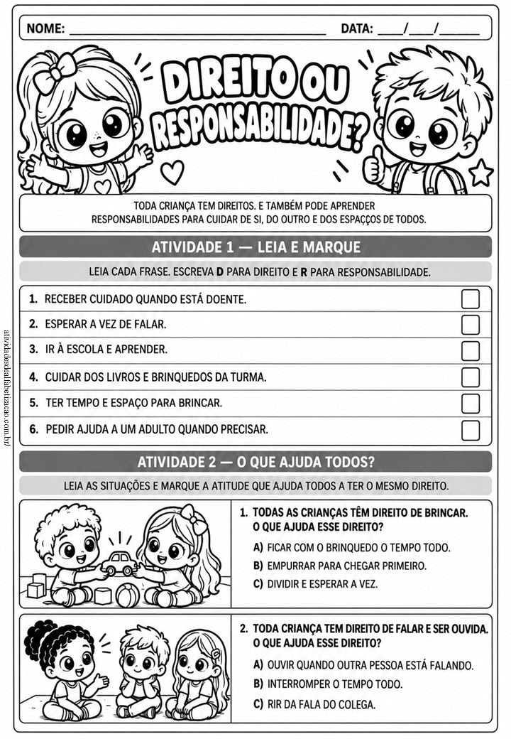 Atividade sobre Direitos e Responsabilidades da Criança para Imprimir - 1° Ano Atividade sobre Direitos e Responsabilidades da Crianca para Imprimir 2